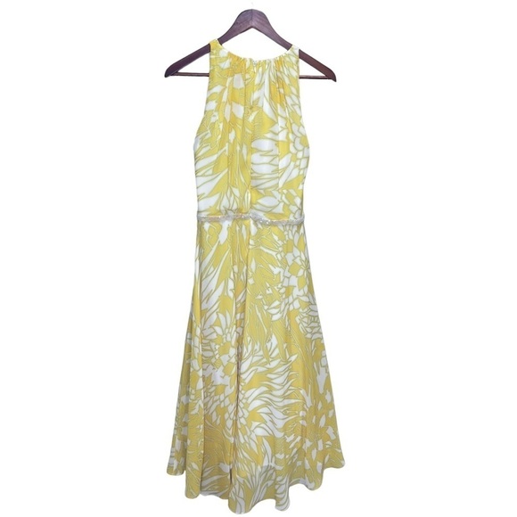 Badgley Mischka Yellow Paradiso Dress Size 4 Beaded Attatched Belt - Picture 13 of 16